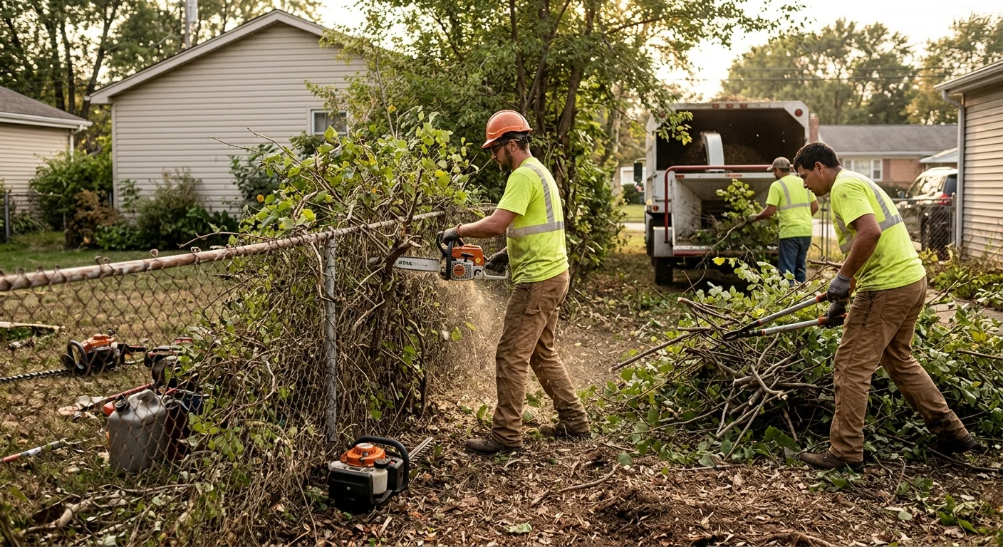 Crew clearing overgrown brush and undergrowth from a Bellwood backyard fence line