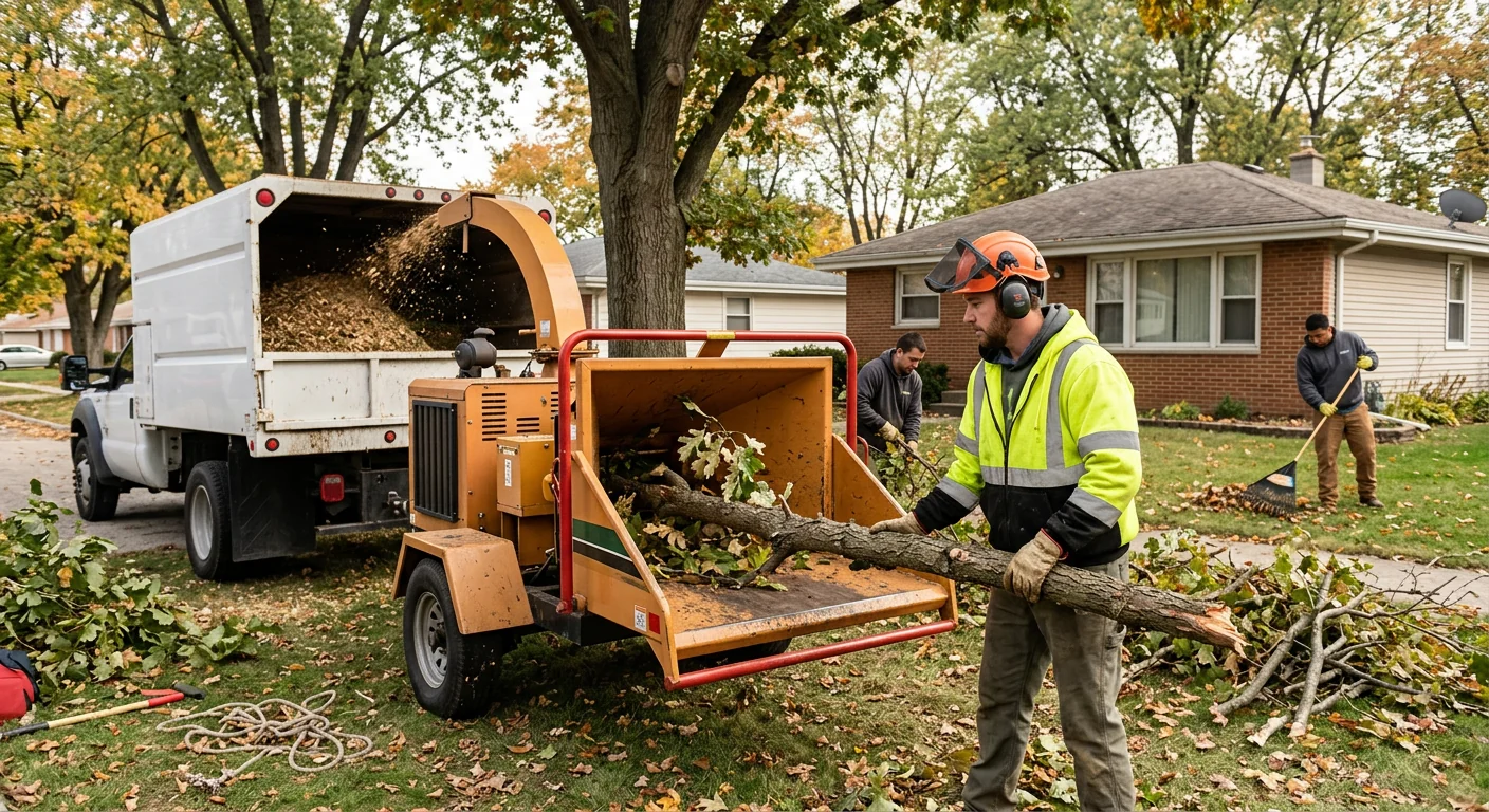 Wood chipper processing cut branches during residential brush removal in Bellwood
