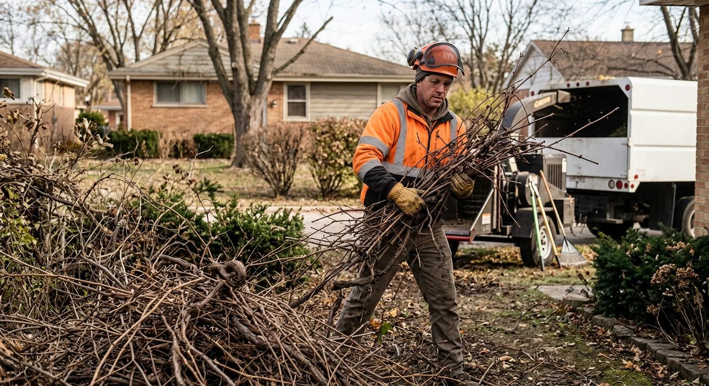 Technician gathering dead limbs and vines for organized brush removal cleanup