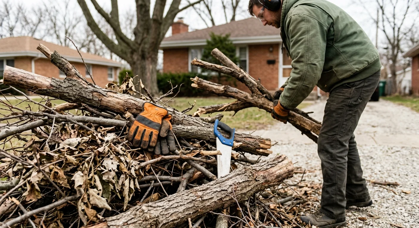 Close-up of cut brush and deadwood staged for chipping on a residential property