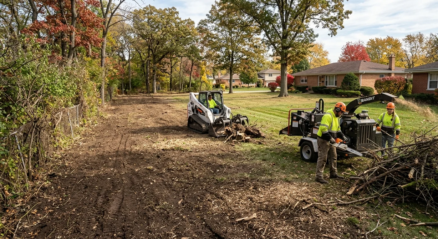 Wide shot of cleared fence line restored to open usable ground in Bellwood