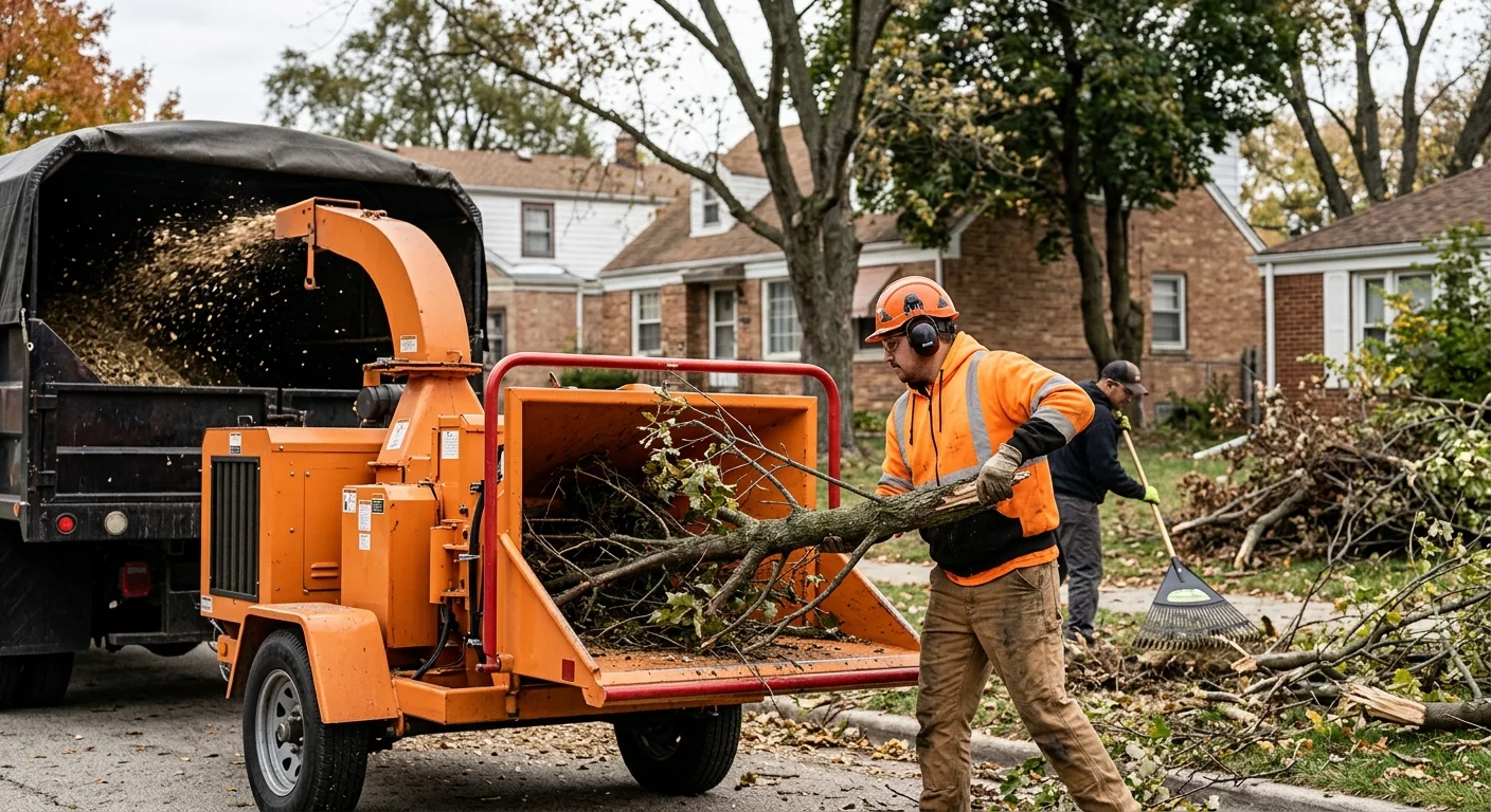Wood chipper in action processing brush debris during a lot clearing job