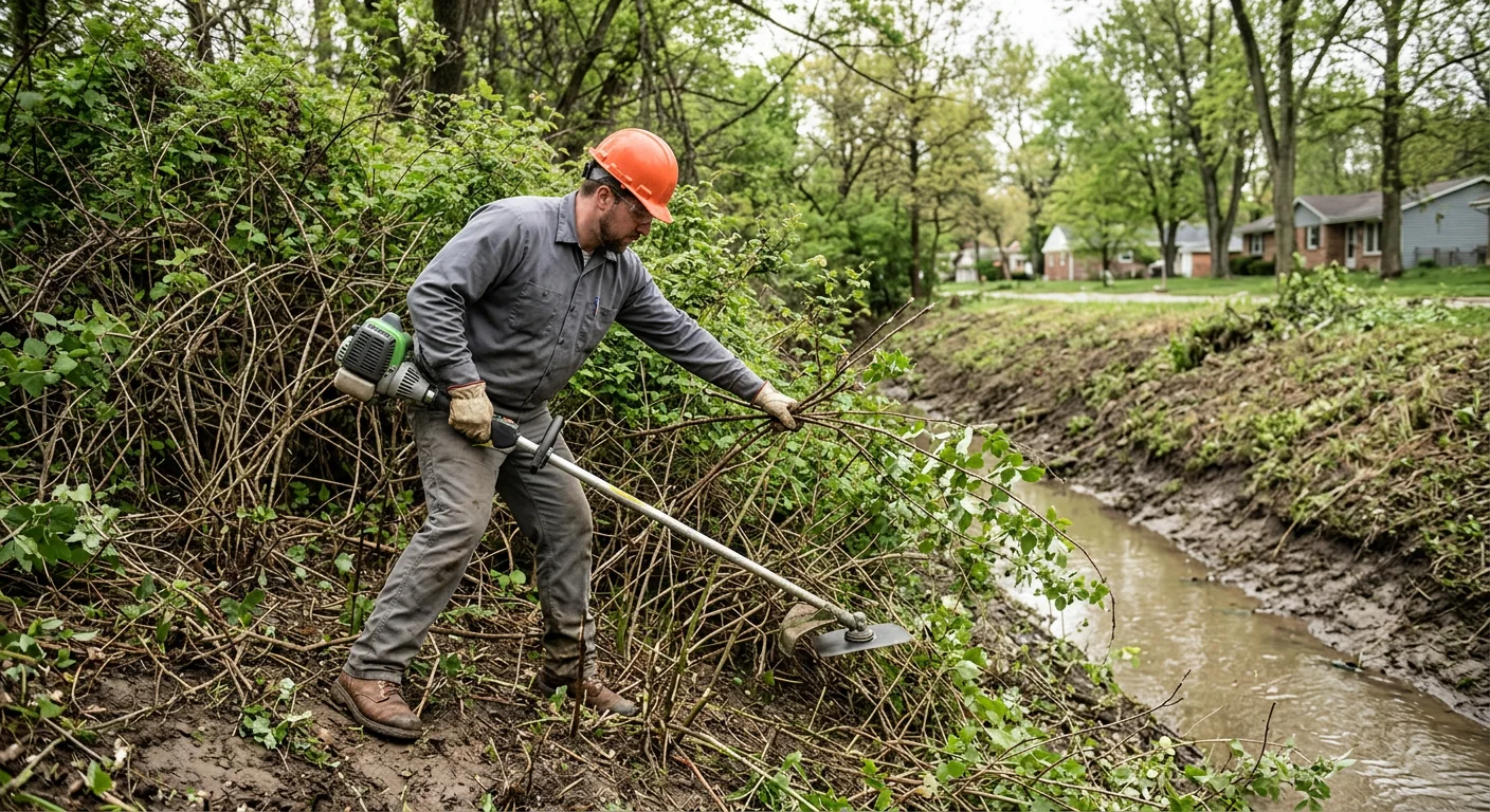 Crew member cutting dense thicket growth along a drainage swale edge