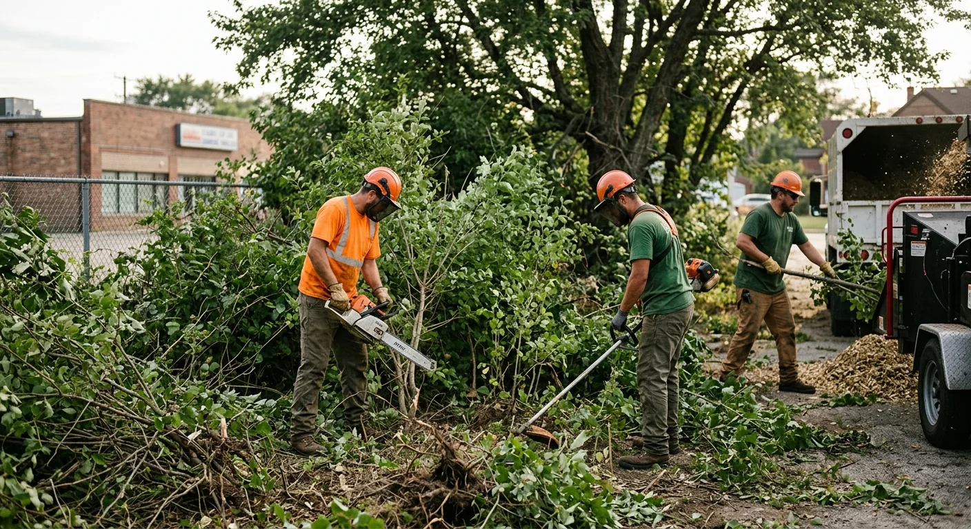 Before context of neglected commercial parcel filled with invasive brush and saplings