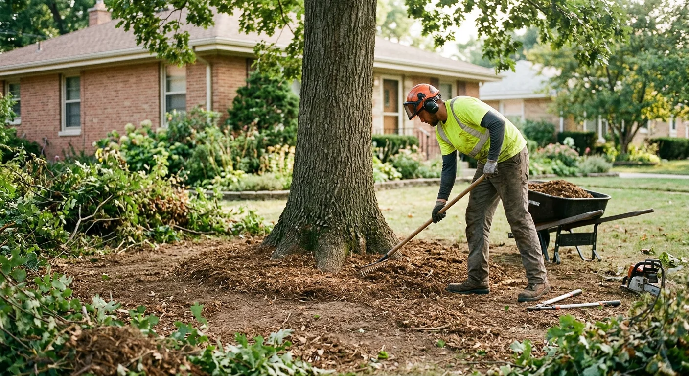 Restored shade tree base with surrounding brush cleared for improved airflow