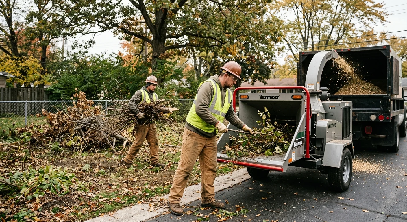 Technicians chipping cut brush and hauling debris during a clearing job