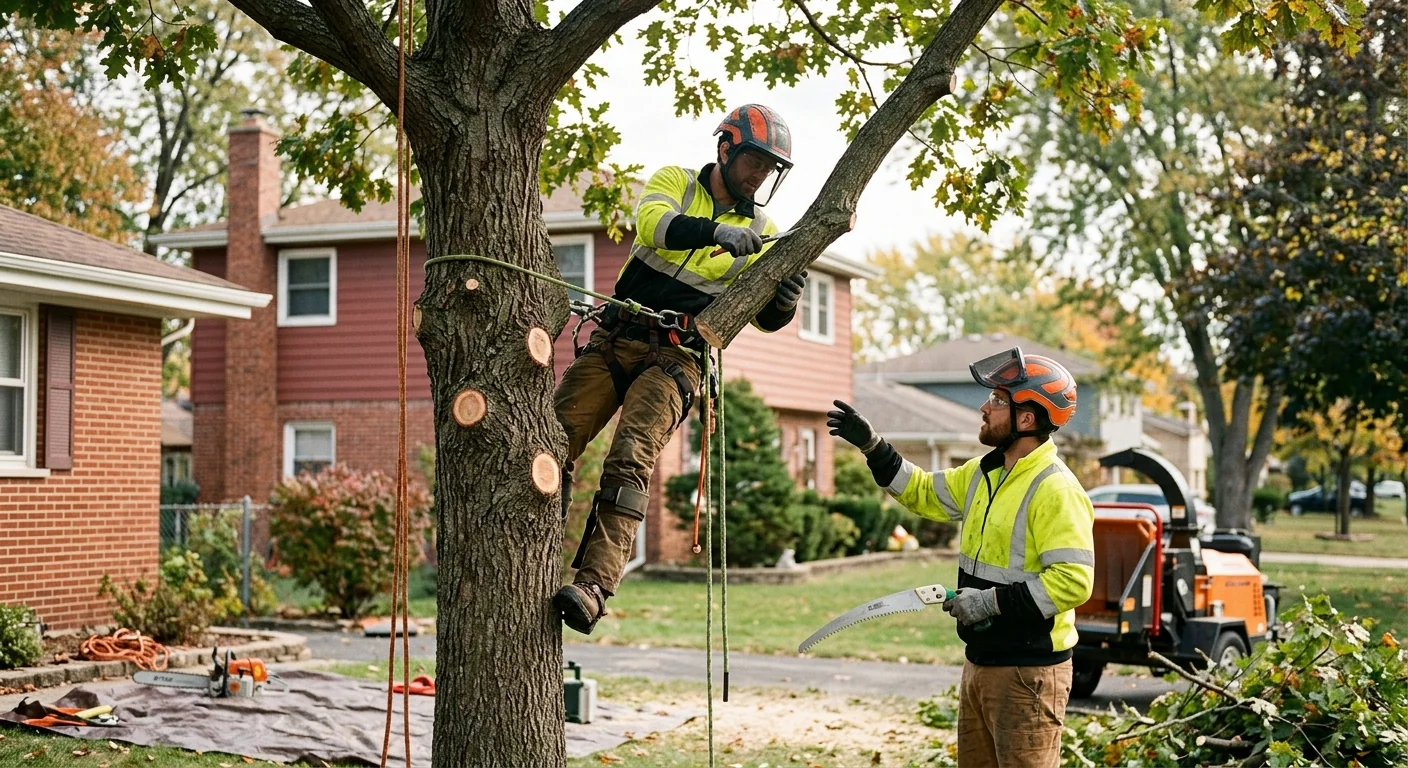 Crane lifting a large tree section over a Bellwood residential yard