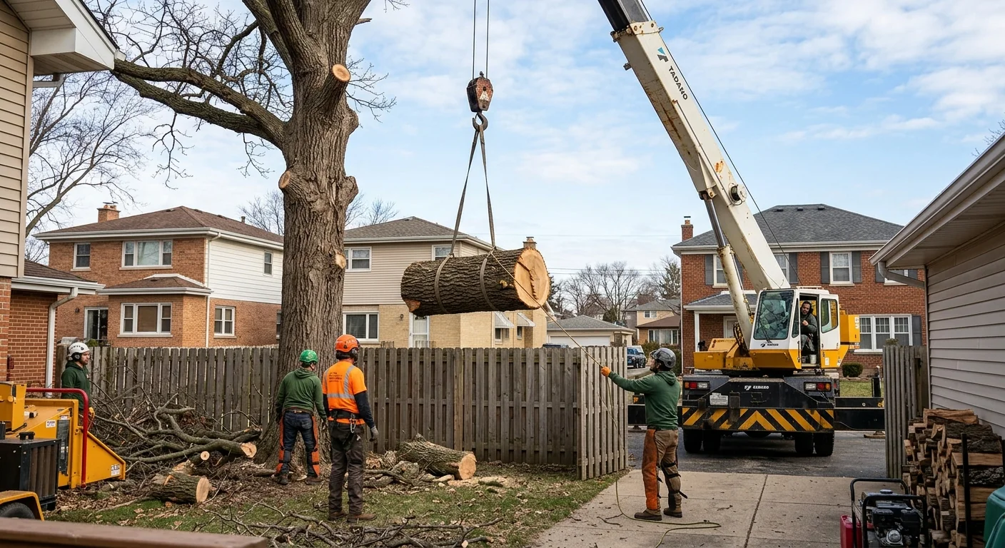 Mobile crane lifting a large tree section over a Bellwood backyard