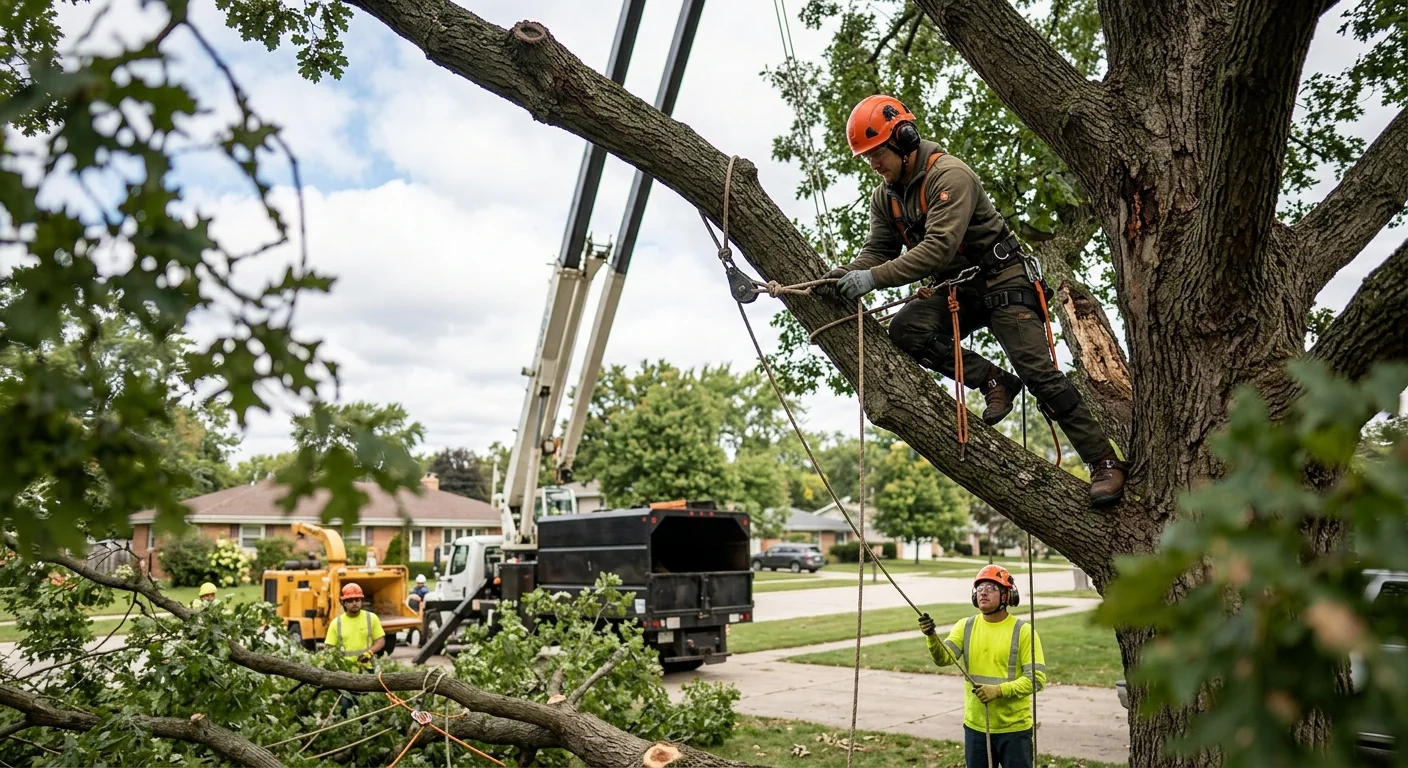 Climber setting rigging on a mature oak before crane removal