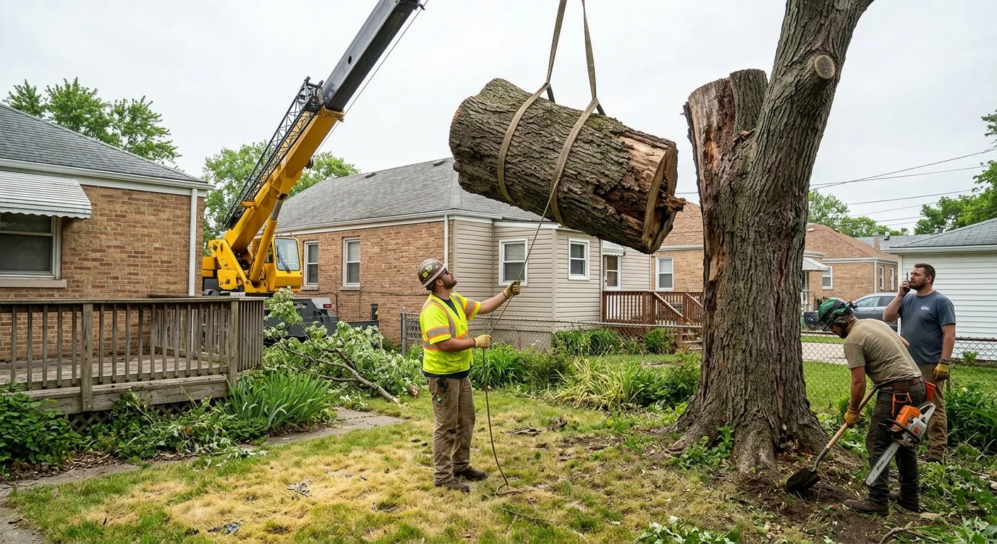Hydraulic crane lifting a large tree section over a Bellwood backyard