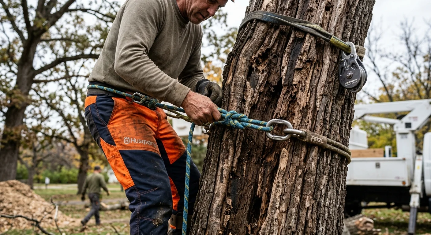Close-up of rigging lines secured around a decayed hardwood trunk