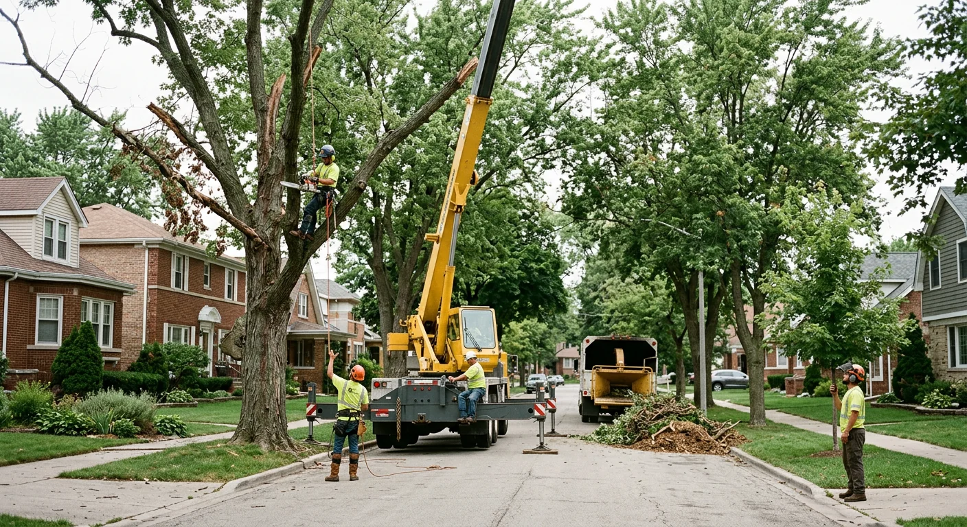 Wide shot of crane positioned in a residential street beside tall trees