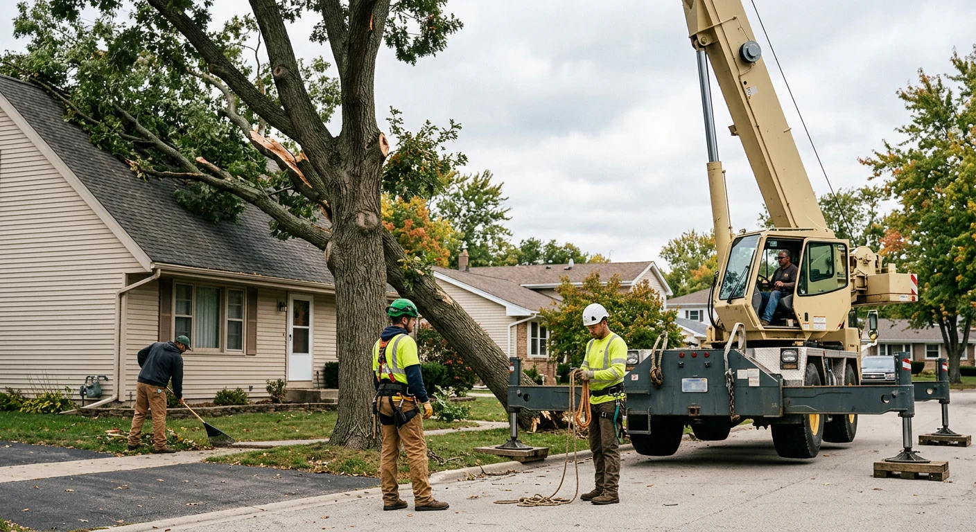 Storm-damaged tree leaning toward a rooftop before careful crane removal