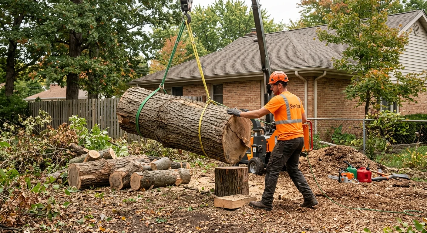 Technician guiding a suspended log section down to a cleared work zone