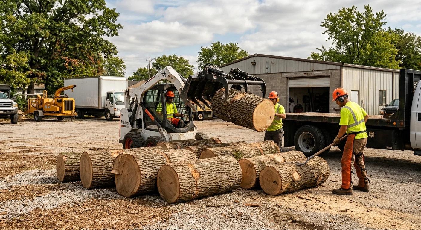 Sectioned trunk pieces staged for hauling on a tidy commercial lot