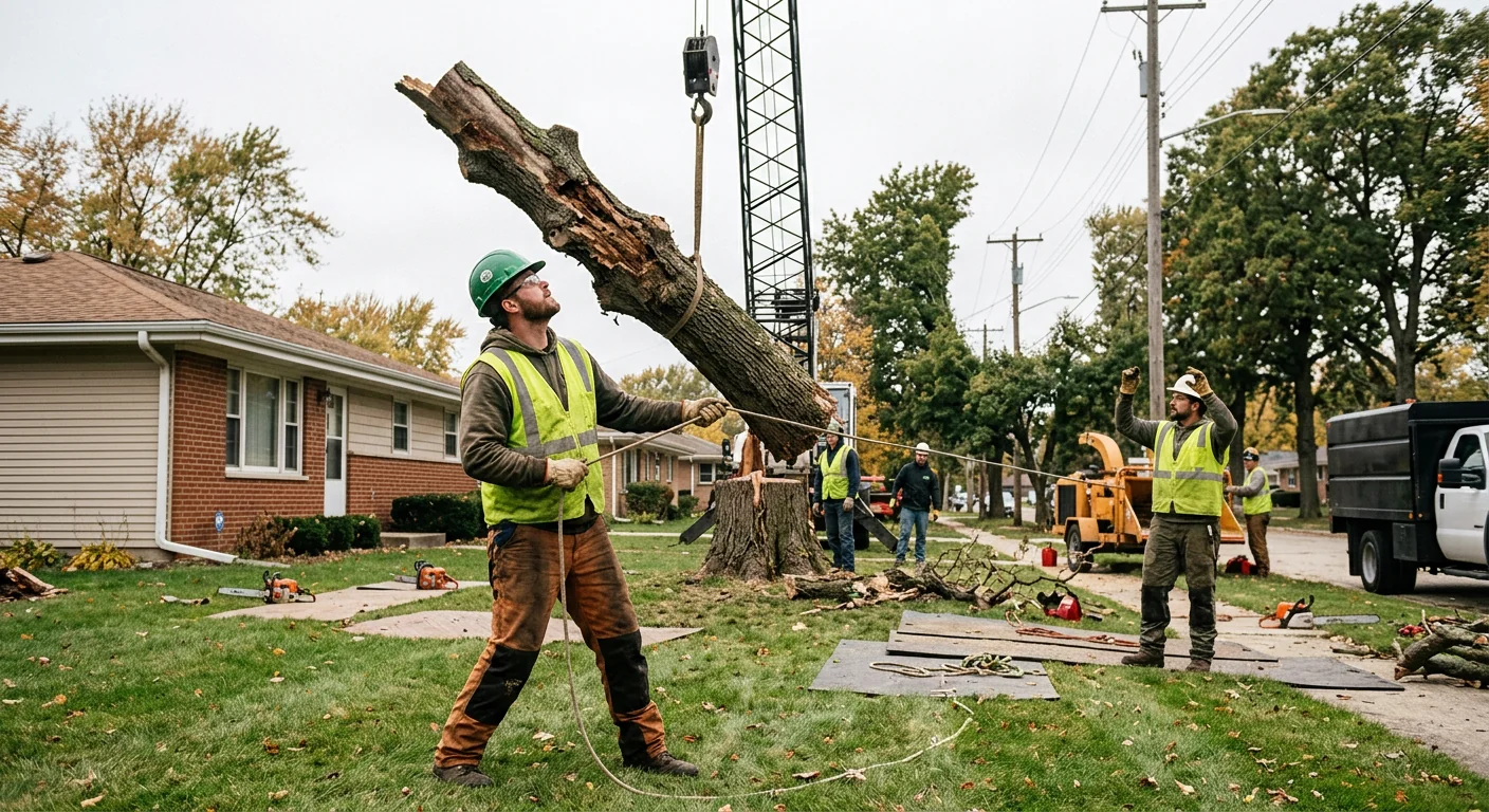 Certified riggers guiding a crane lift during tree removal in Bellwood