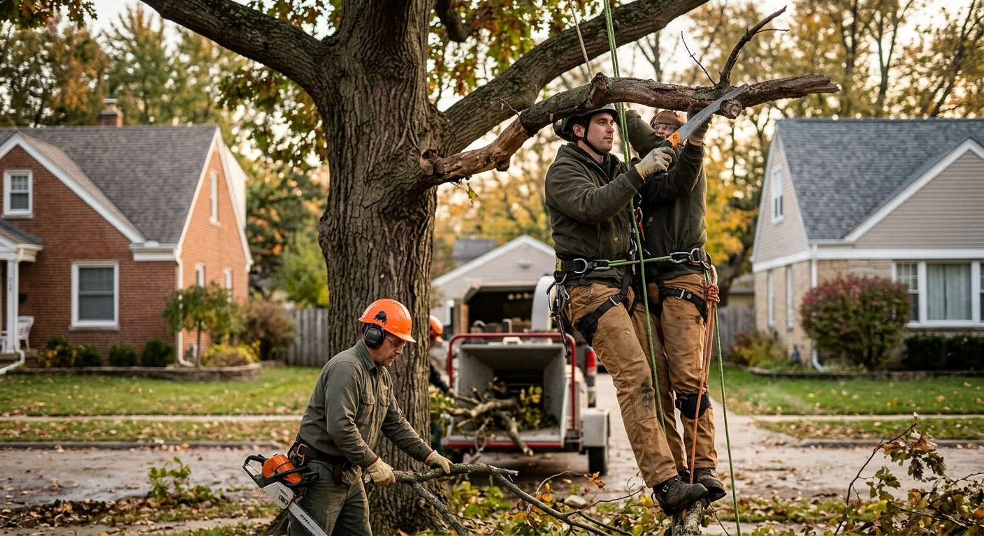Arborist evaluating a storm-damaged tree beside a Bellwood home for an estimate
