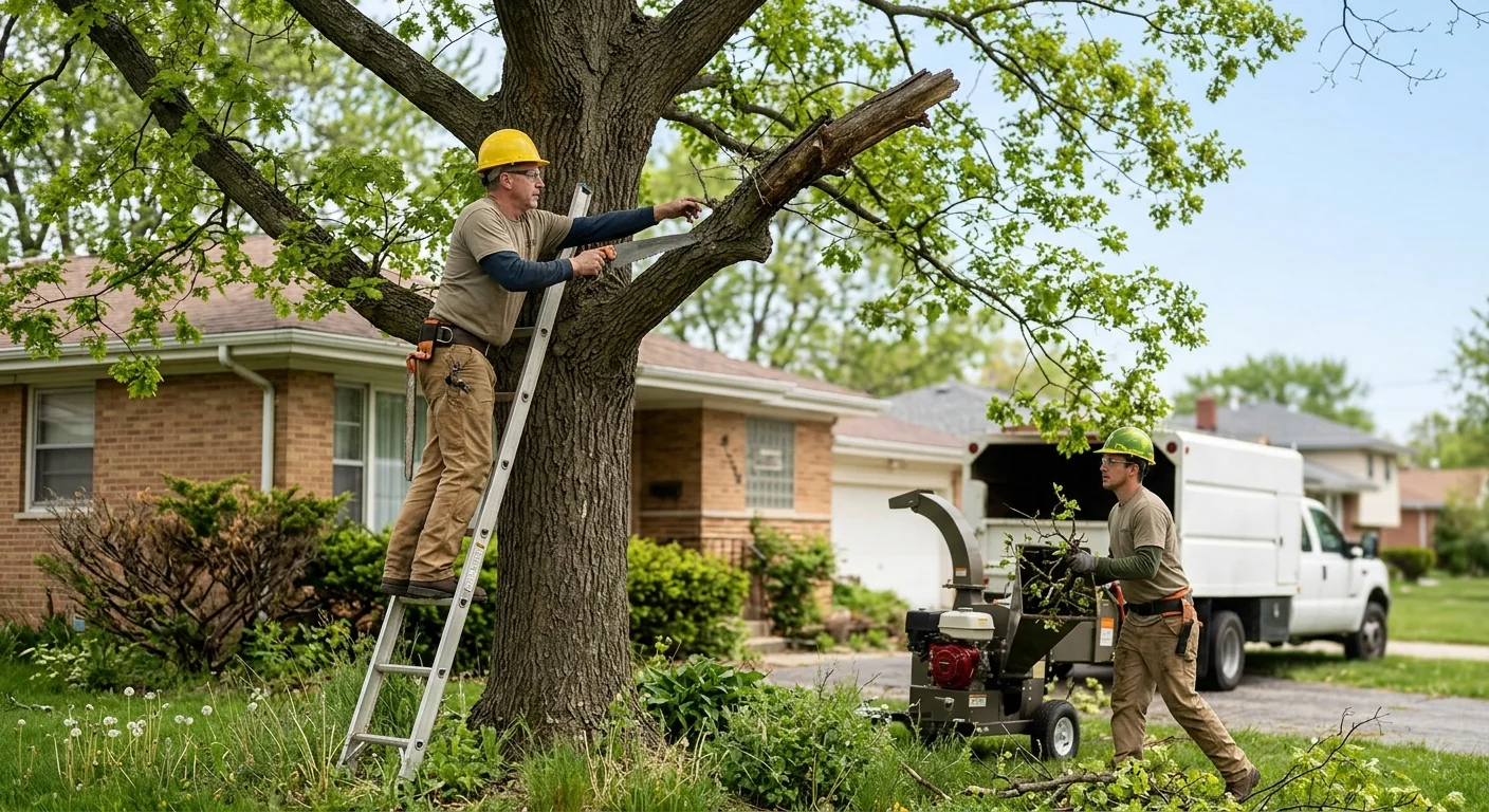 Tree crew assessing storm-damaged limbs at a Bellwood home