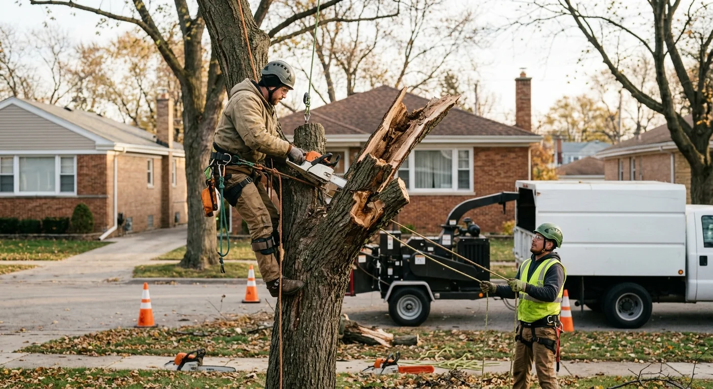 Arborist removing a storm-damaged tree from a Bellwood residential yard
