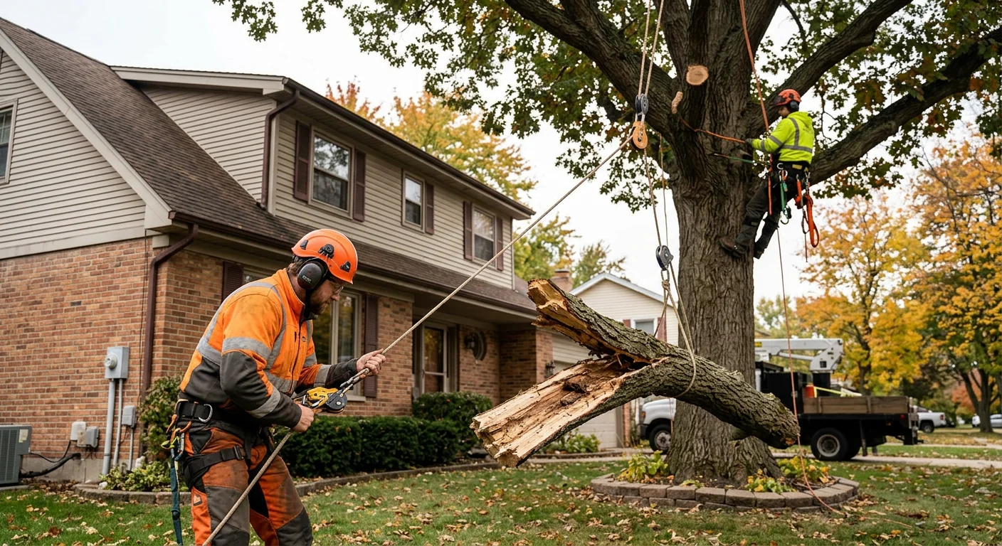 Crew using rope rigging to lower a split limb near a home