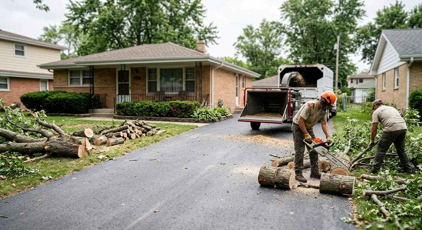 Fallen tree cleared from a driveway after severe weather in Bellwood