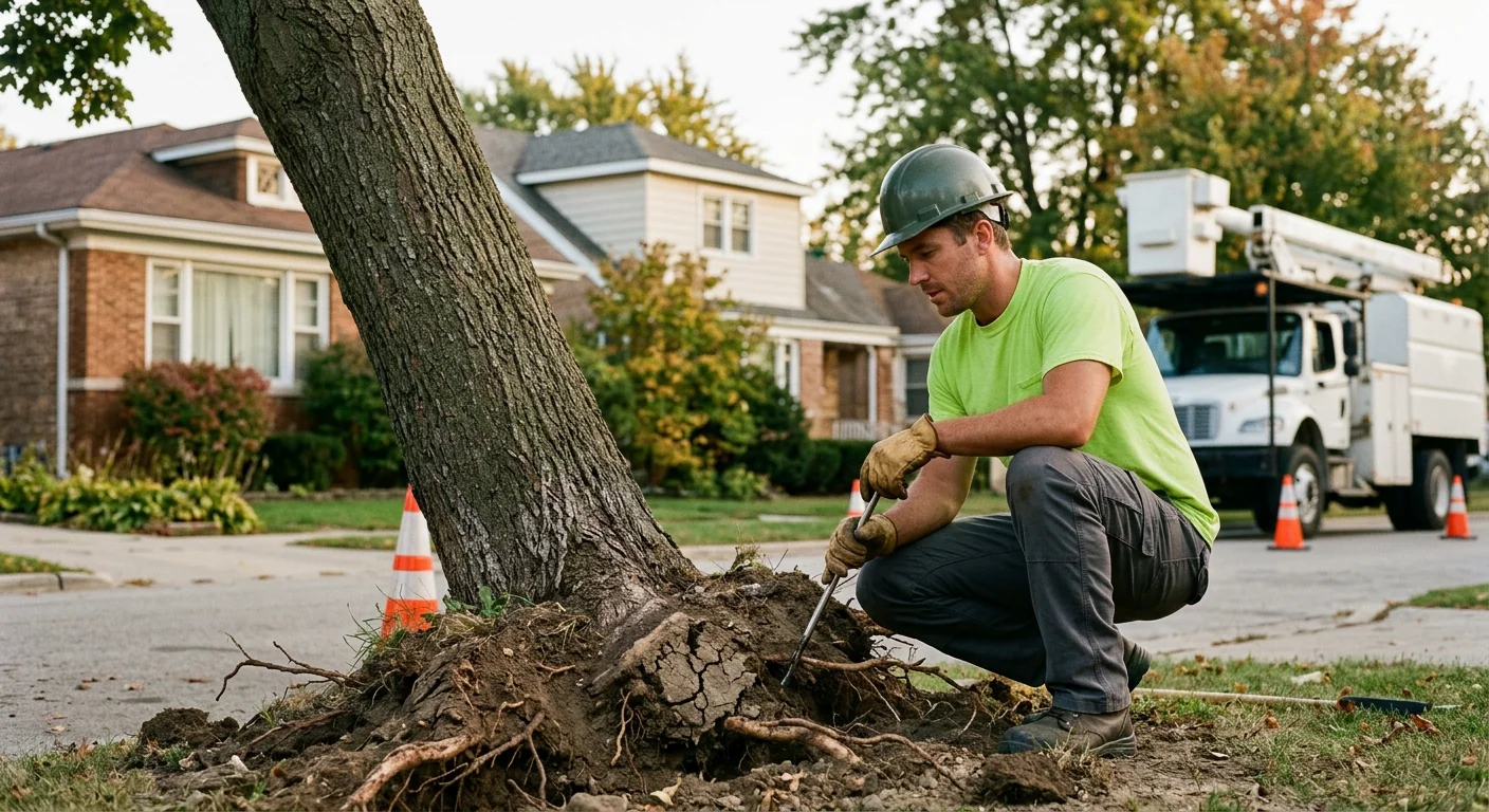 Technician assessing a leaning tree with visible root plate damage
