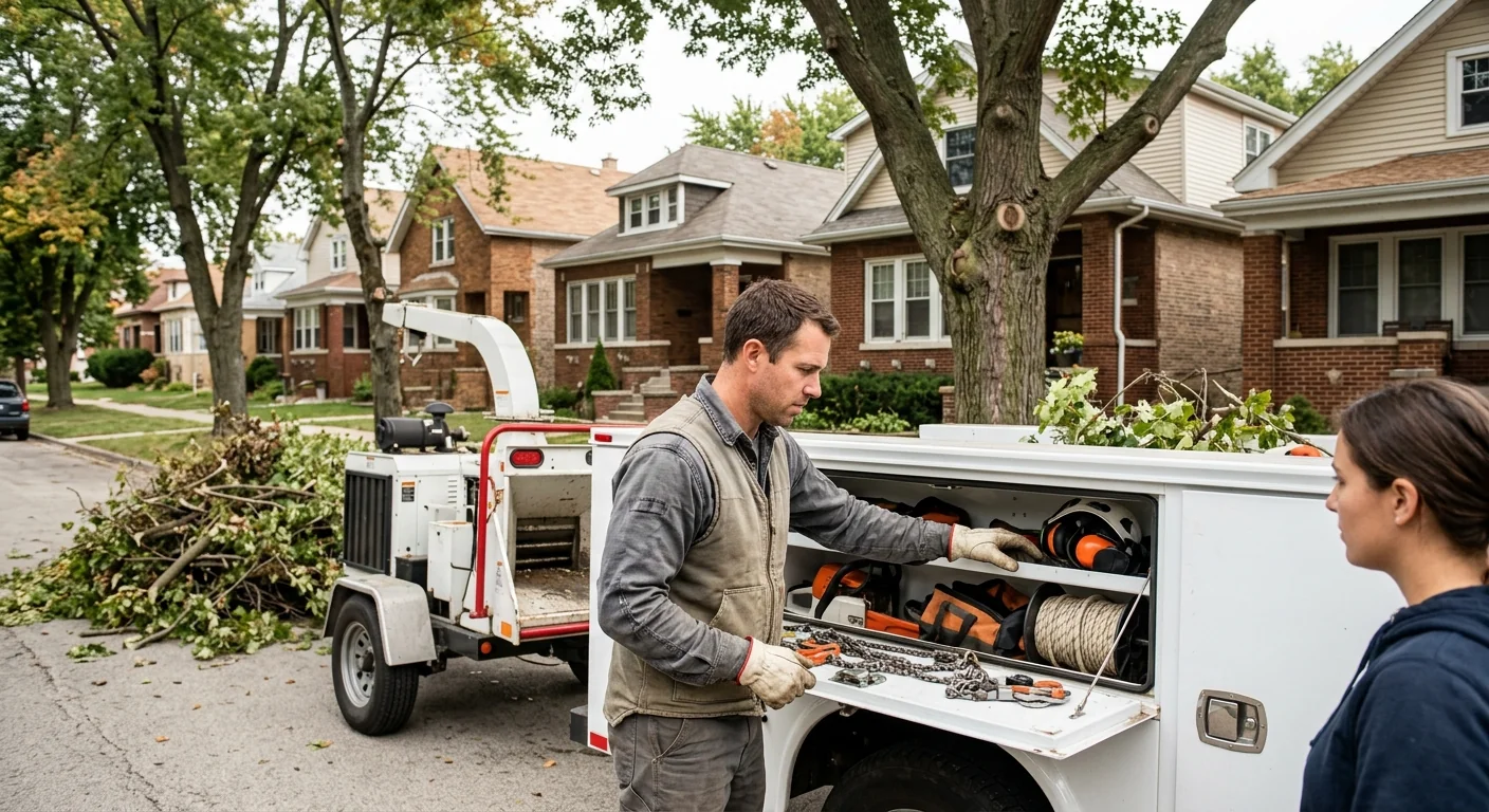 Bellwood Tree Services technician reviewing Tree Service equipment in Bellwood, IL