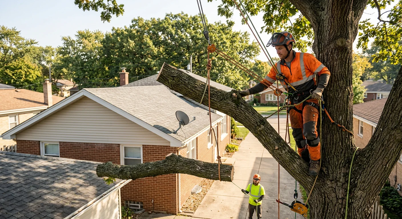 Arborist using controlled rigging to lower a heavy limb near a rooftop