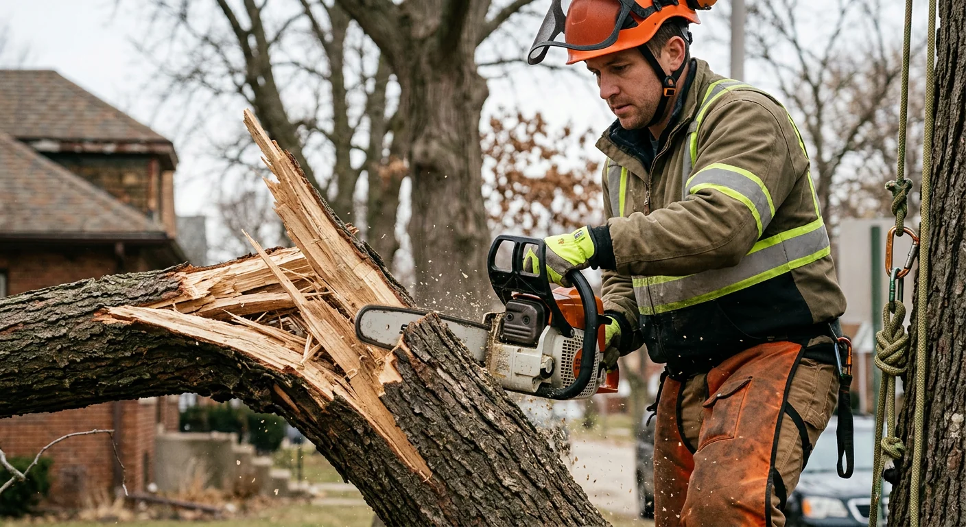 Close-up of chainsaw cutting through a fractured branch during emergency removal