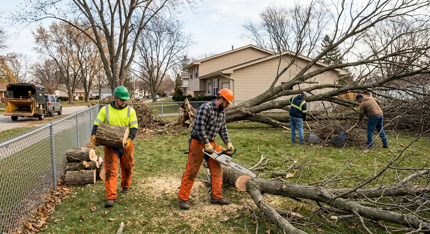 Wide shot of crew clearing fallen tree debris from a fenced backyard
