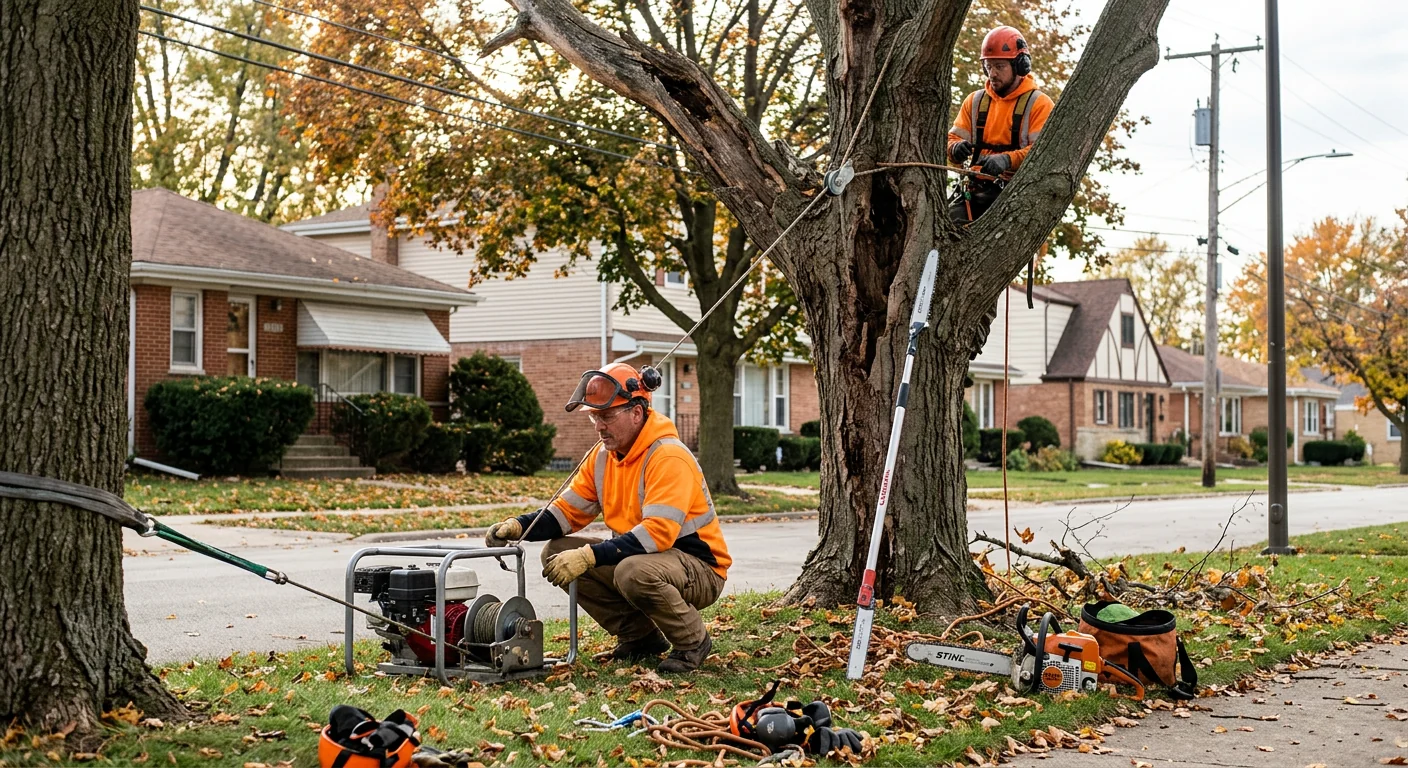 Portable winch and pole saw staged beside a compromised parkway tree