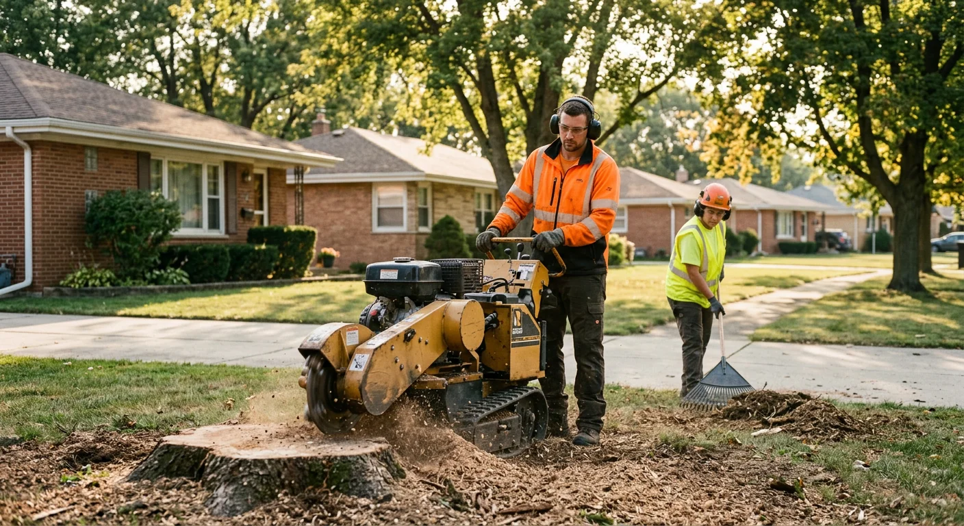 Stump grinding in progress where a hazardous tree was recently removed