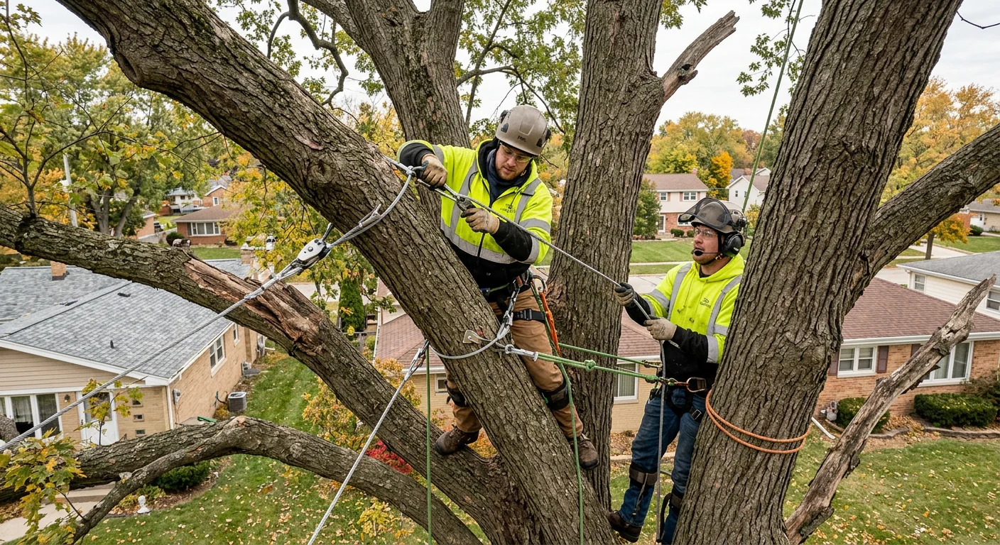 Corrective cabling installed to stabilize an aging elm after storm stress