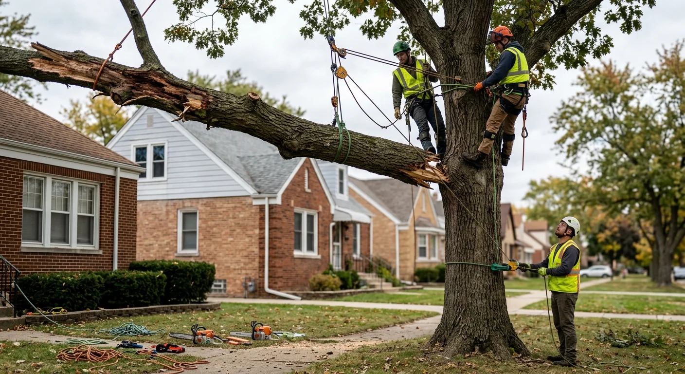 Technicians using rigging lines to safely lower a damaged limb in Bellwood