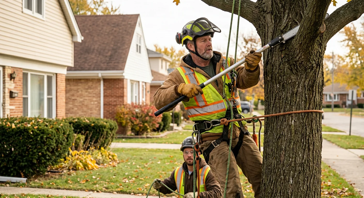 Arborist evaluating a leaning storm-damaged tree beside a Bellwood home