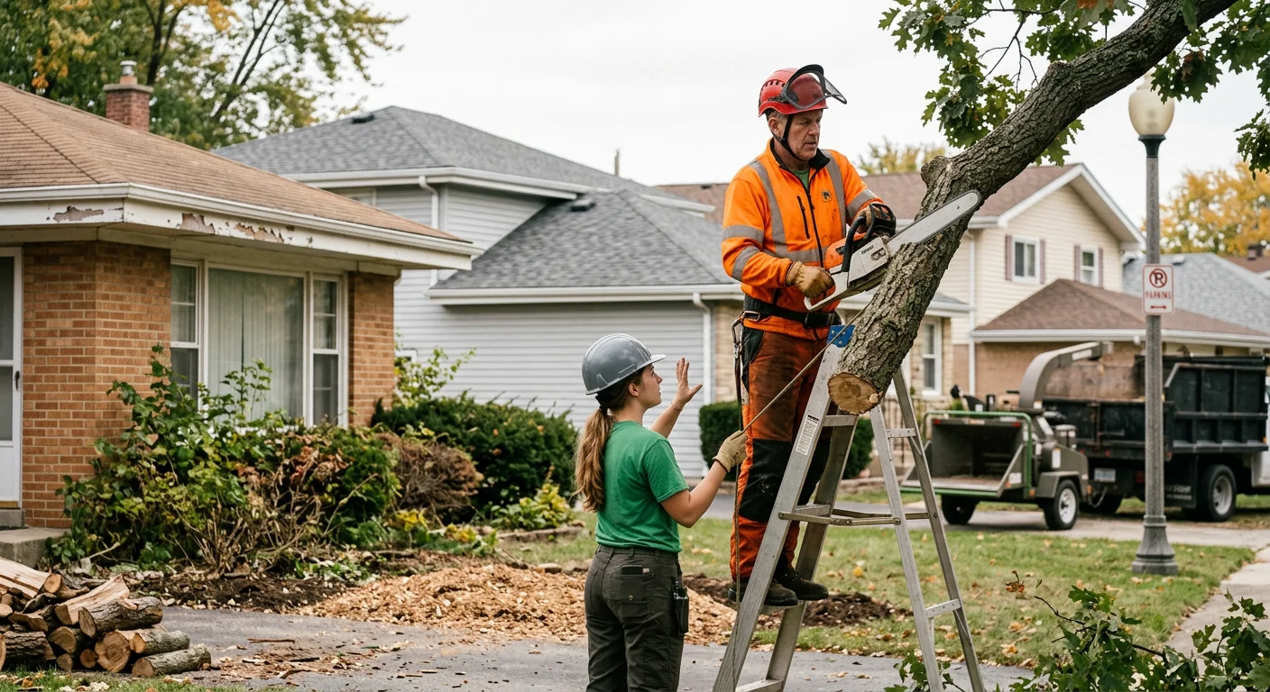 Arborist assessing a hazardous leaning tree beside a Bellwood home