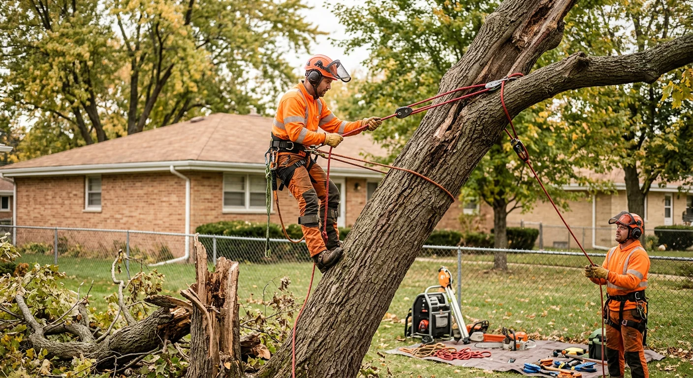 Arborist rigging a leaning tree for controlled removal in a Bellwood yard