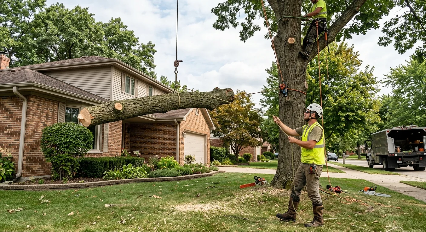 Technicians lowering a cut limb near a residential home in Bellwood