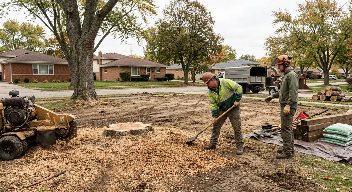 Cleared lot with ground stump after hazardous tree removal in Illinois
