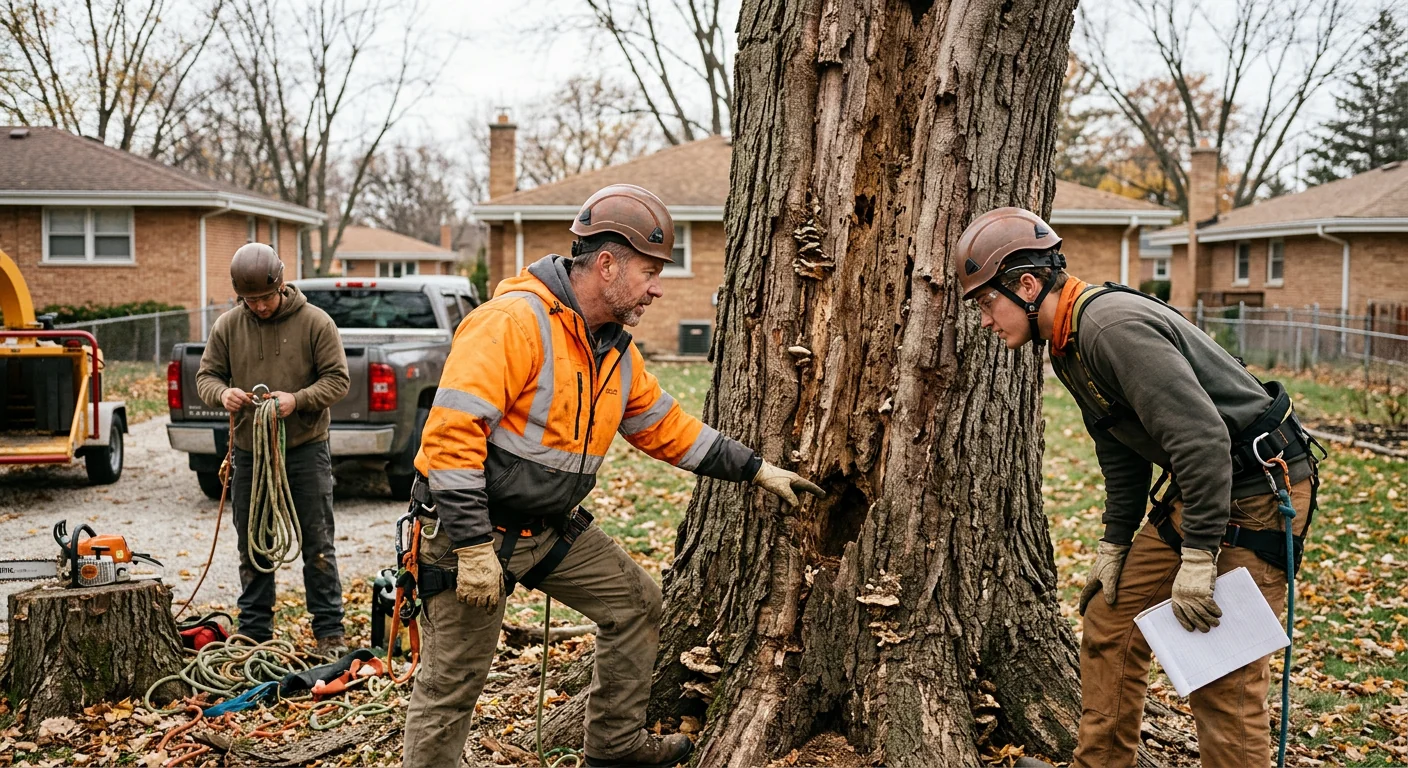 Crew inspecting a decaying trunk before sectional felling on a Bellwood property
