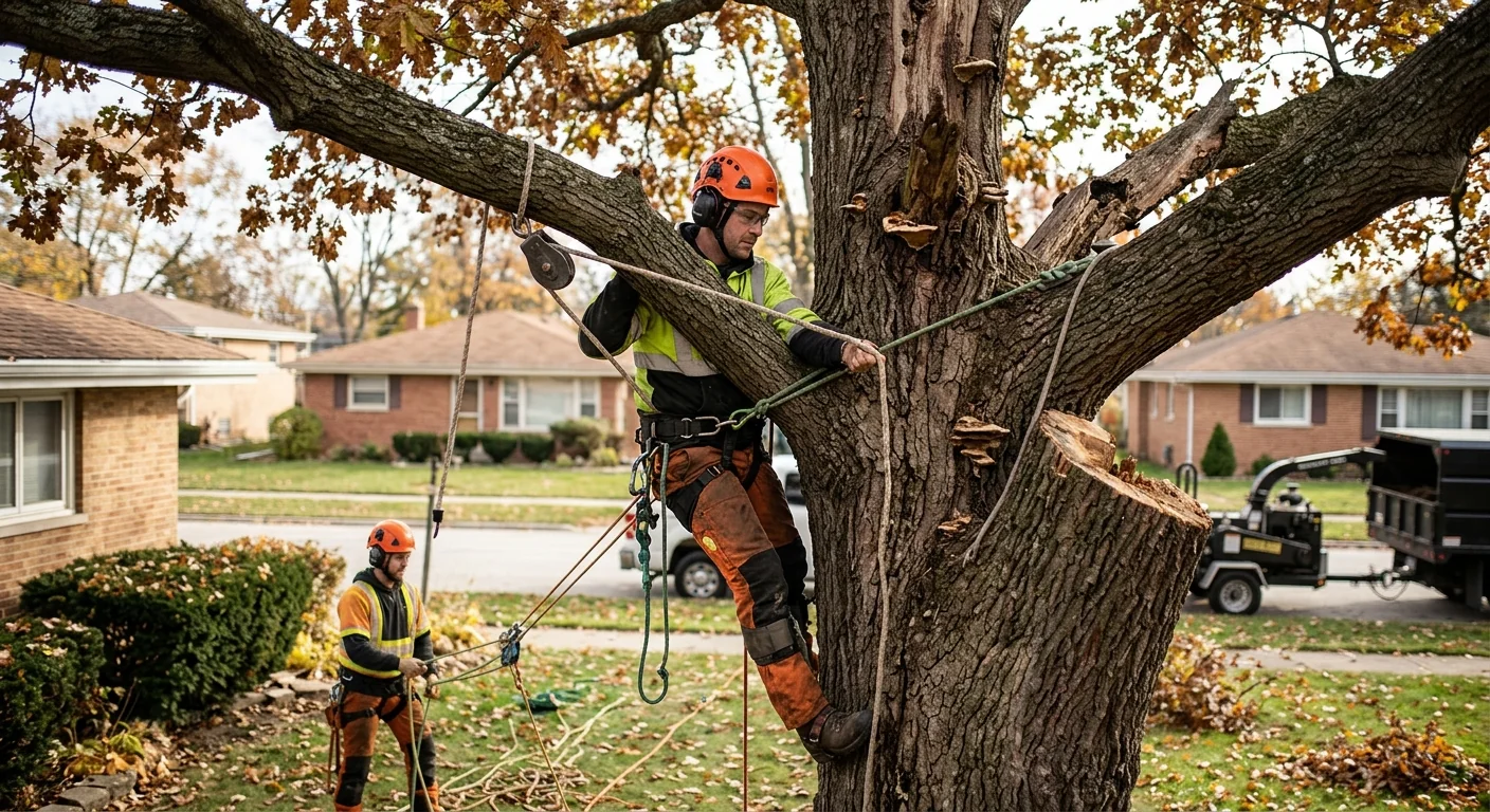 Arborist rigging a decayed oak for sectional dismantling in a Bellwood backyard