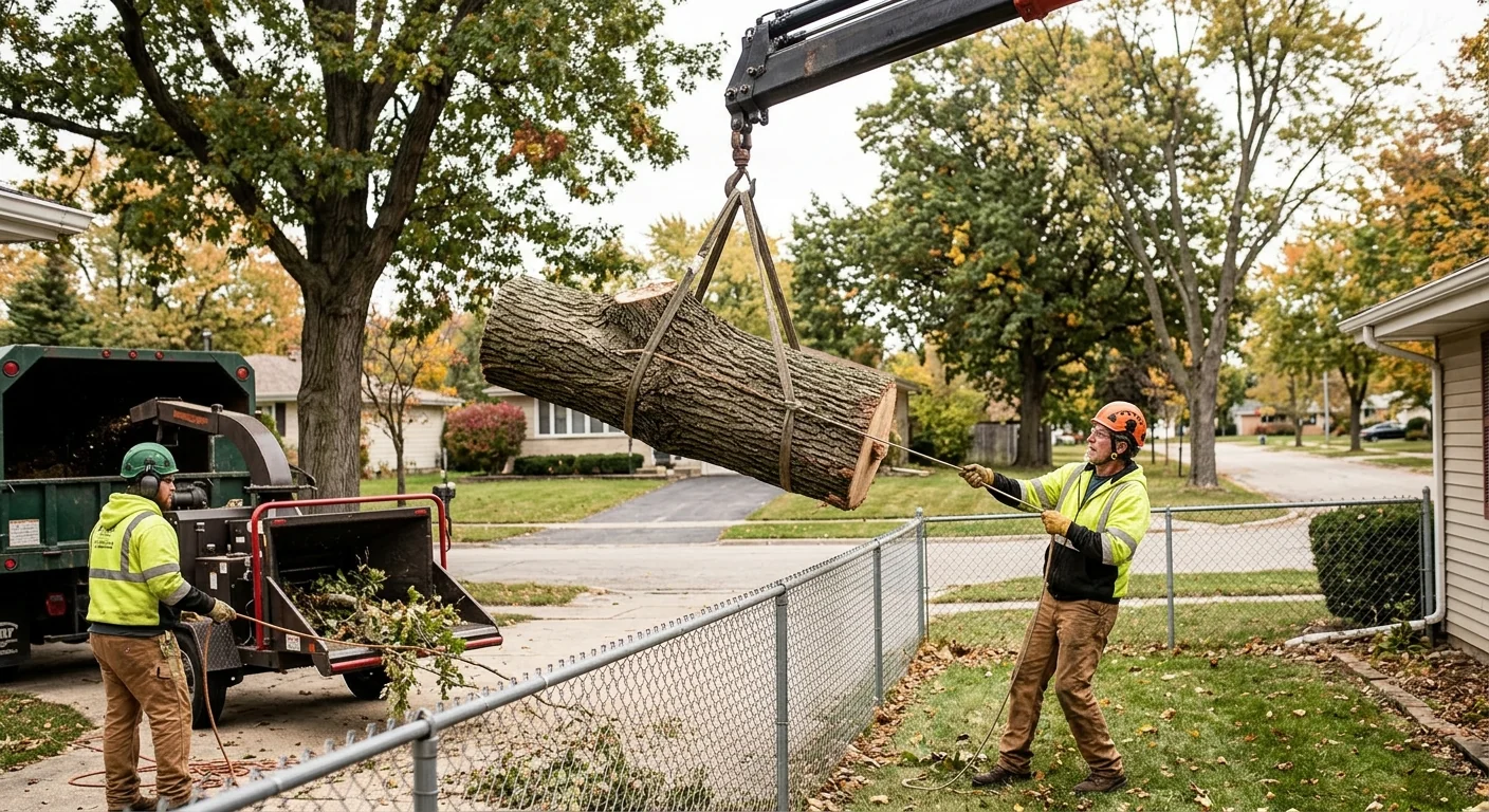 Crane-assisted lowering of a heavy tree section over a fenced suburban yard
