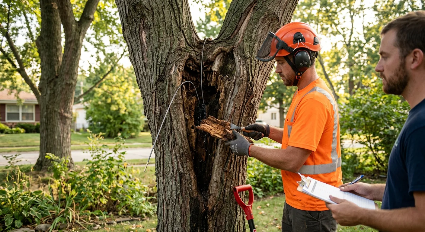 Close-up of cavity decay and split trunk union on a hazardous tree