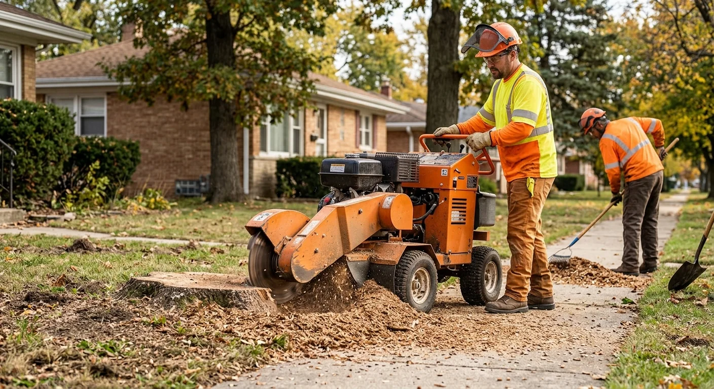Stump grinder clearing the base of a removed hazardous tree near a walkway
