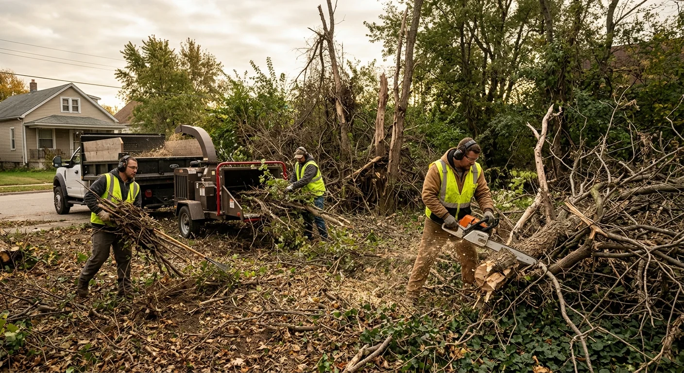 Crew clearing brush and deadwood from a neglected residential lot