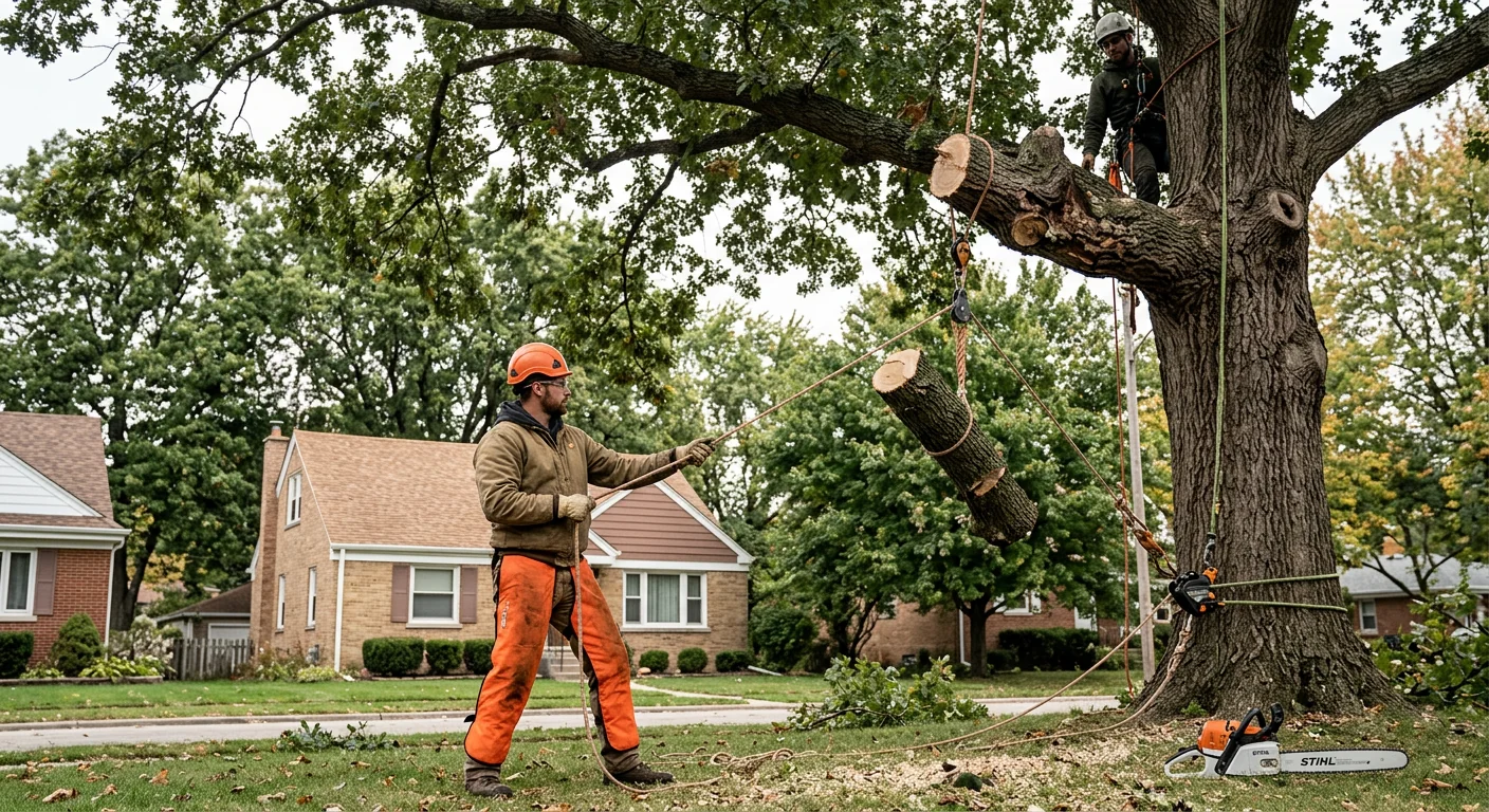 Technician using rigging lines to lower a hazardous tree limb safely