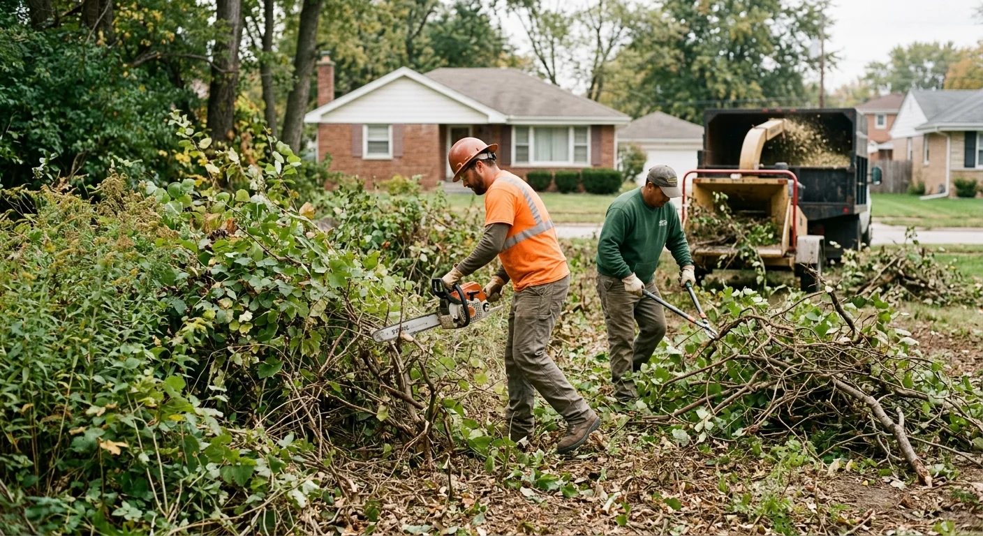 Crew clearing overgrown brush and undergrowth from a residential lot in Bellwood