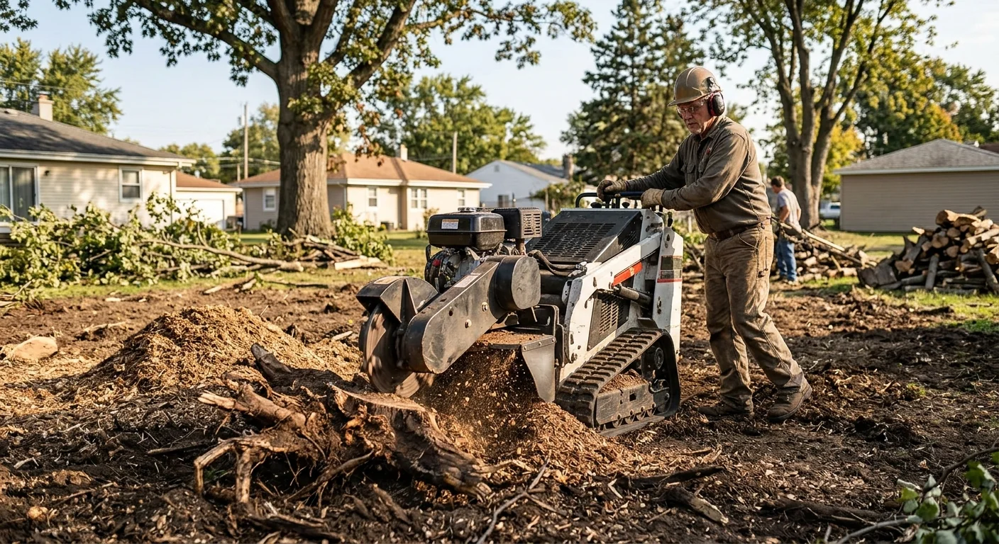 Stump grinding equipment removing root debris during land clearing project