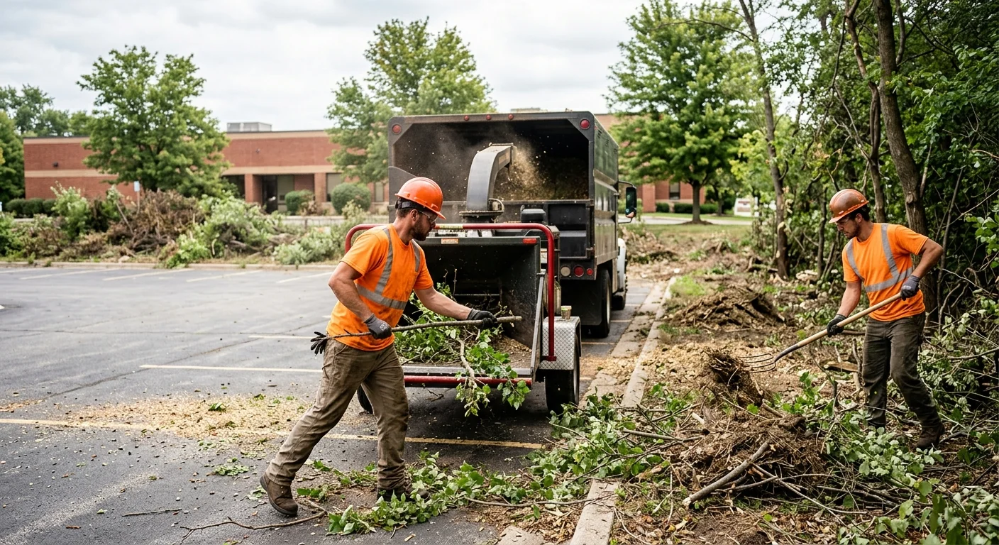 Technicians chipping brush and hauling debris from a commercial property