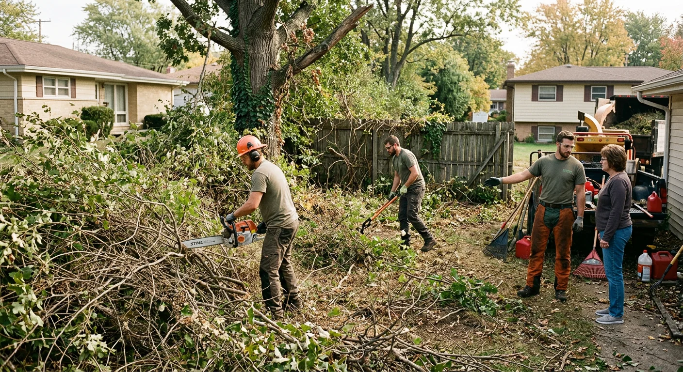 Overgrown Bellwood residential lot before clearing with dense brush and tangled undergrowth